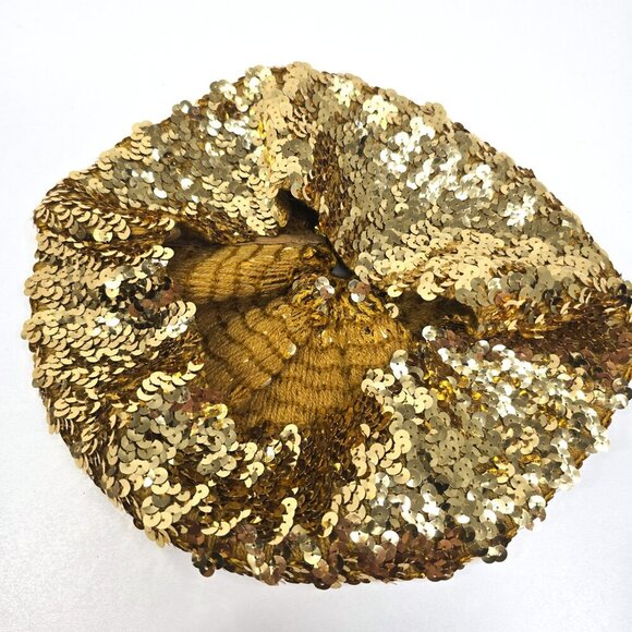 Vintage 70s 80s Gold Sequin Beret Slouchy Stretch - Picture 7 of 8